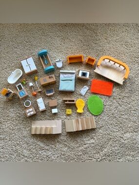 Hape Wooden Dollhouse Furniture Lot Bedroom Kitchen Bathroom Accessories Bundle